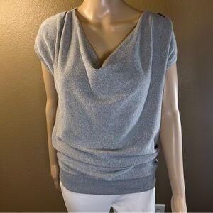 MICHAEL KORS Womens Size XS Sheer Cowl Neck Short Sleeve Sparkly Silver Sweater